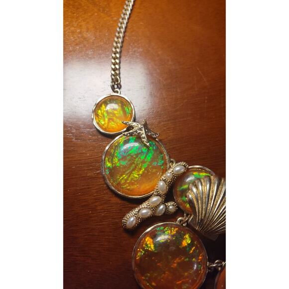 Faux Iridescent Opal Gold Starfish Acents Statement Necklace - Picture 2 of 5